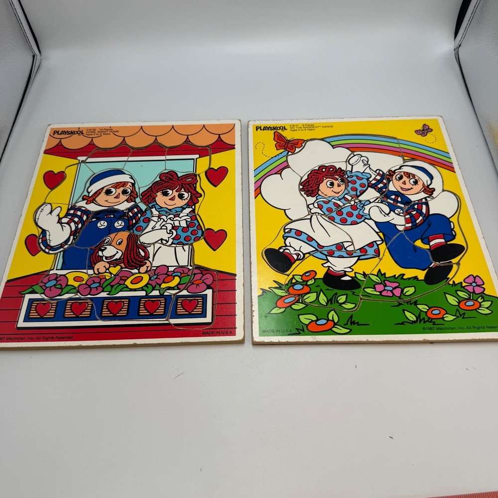 Vintage 1987 Playskool Raggedy Ann Andy Wood Tray Puzzles Set 216-05 216-01